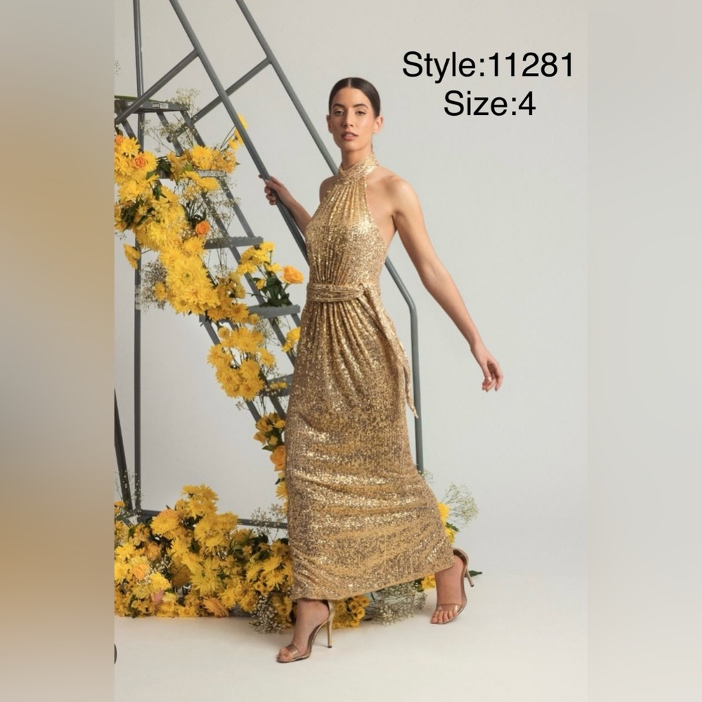 Sequined halter neck belted soft tie gown